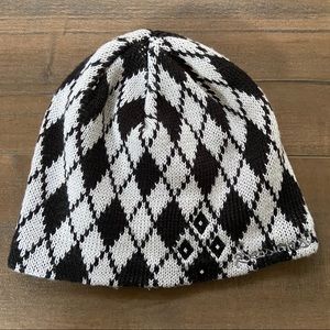{Sessions} Knit Argyle Beanie Black & White Fleece Lined Winter Snow